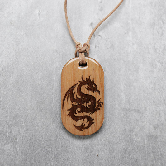 Dragon Wood Dog tag Style Necklace with Adjustable Cord