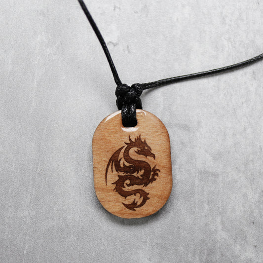 Short Dragon Wood Dog Tag Style Necklace with Adjustable Cord