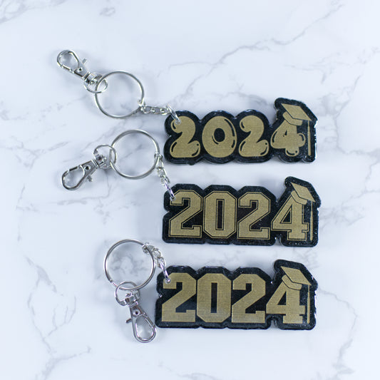 2024 Graduation Keychain, Gold and Black Glitter Acrylic Keychain