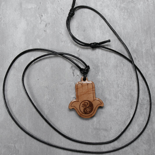 Yin Yang Dragon Hamsa Hand Protection Wood Necklace with Adjustable Cord