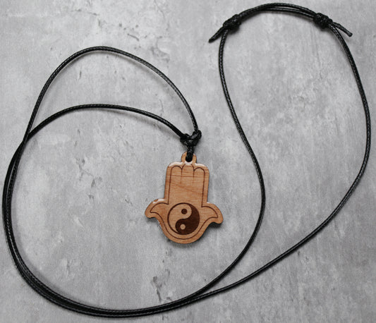 Yin Yang Hamsa Hand Protection Wood Necklace with Adjustable Cord