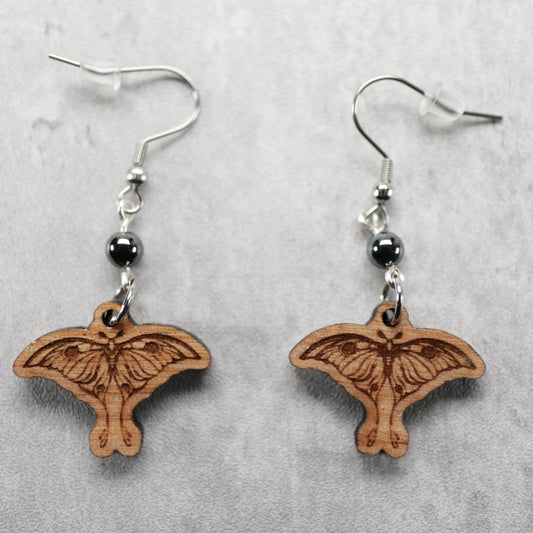 Moth Wood Earrings with Hematite Bead