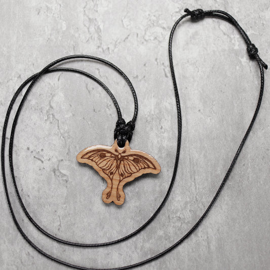 Moth Wood Necklace with Adjustable Cord