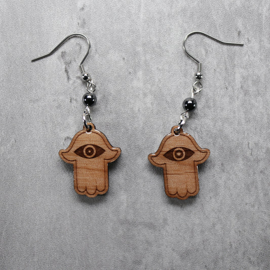 Evil Eye Hamsa Blessing Wood Earrings with Hematite Bead