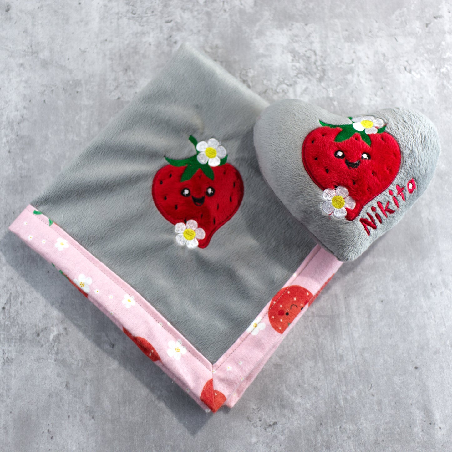 Personalize Strawberry Baby Lovey Blanket and Mini Pillow Set