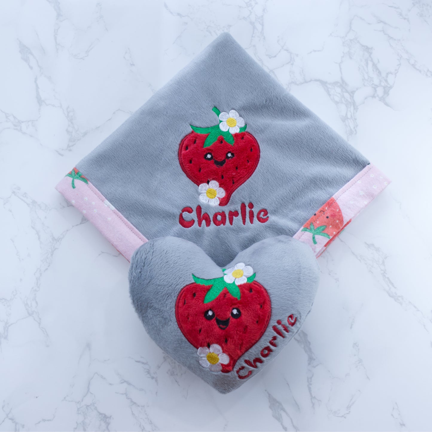 Personalize Strawberry Baby Lovey Blanket and Mini Pillow Set