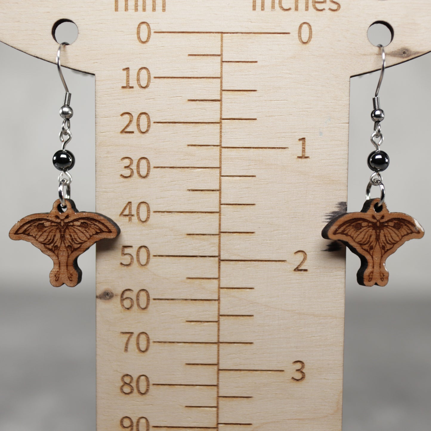 Moth Wood Earrings with Hematite Bead