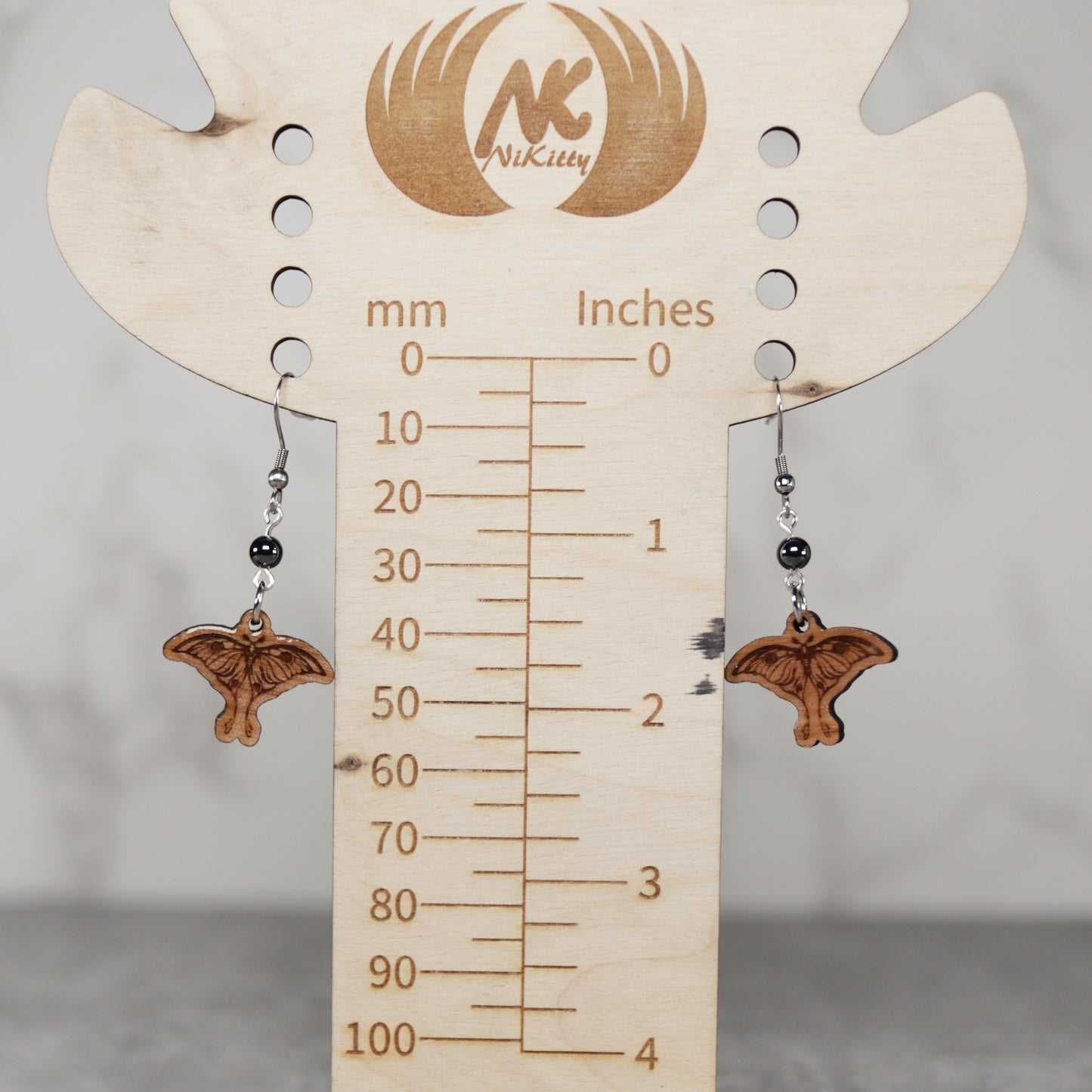 Moth Wood Earrings with Hematite Bead