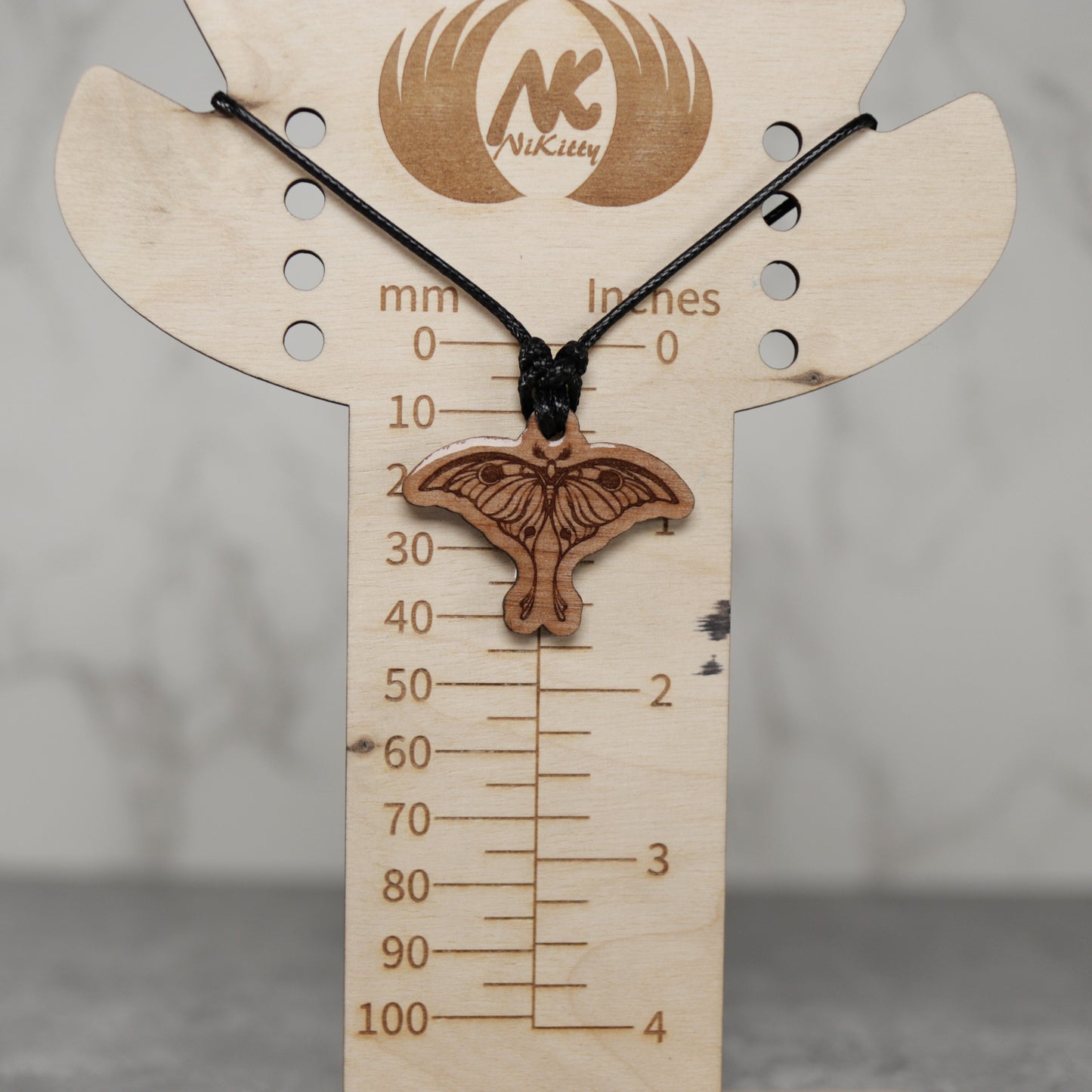 Moth Wood Necklace with Adjustable Cord