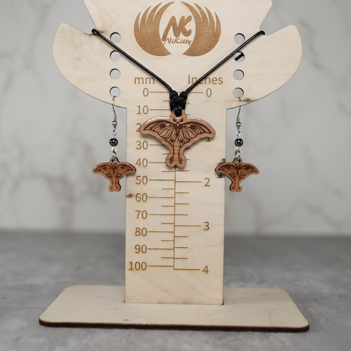 Moth Wood  Earrings and Necklace Set