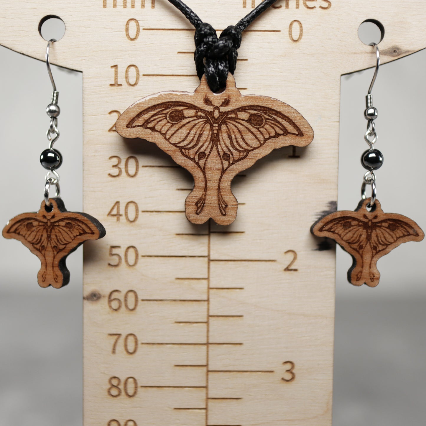 Moth Wood  Earrings and Necklace Set